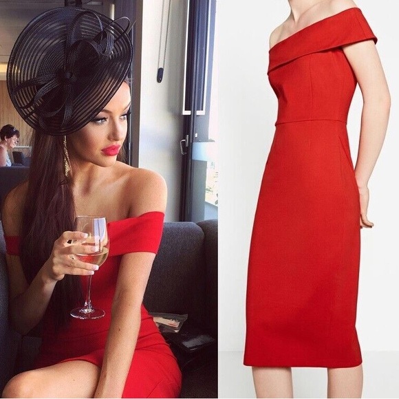 ZARA shoulder off red midi red dress size medium - Picture 2 of 11